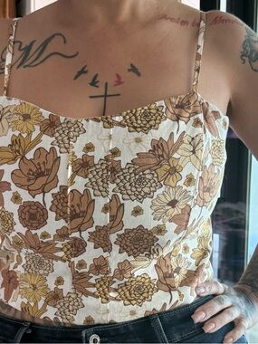 C&C California Floral Corset Crop Top in Cream, Brown & Mustard